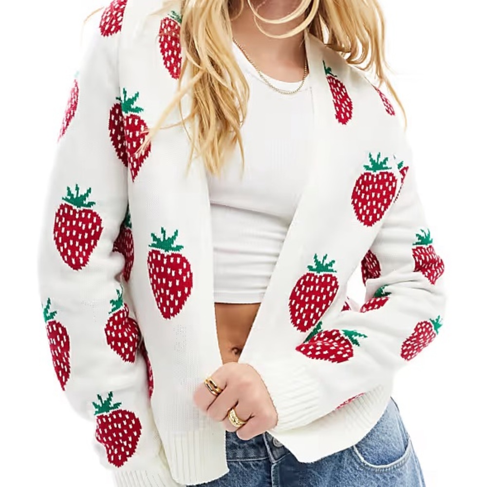 Miss Selfridge ASOS White Strawberry-Print Cardigan EUC Women’s XS